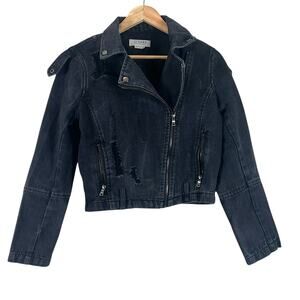 Ci Sono Jacket Womens M Black Moto Denim Biker Distressed Crop Rocker Grunge Y2K